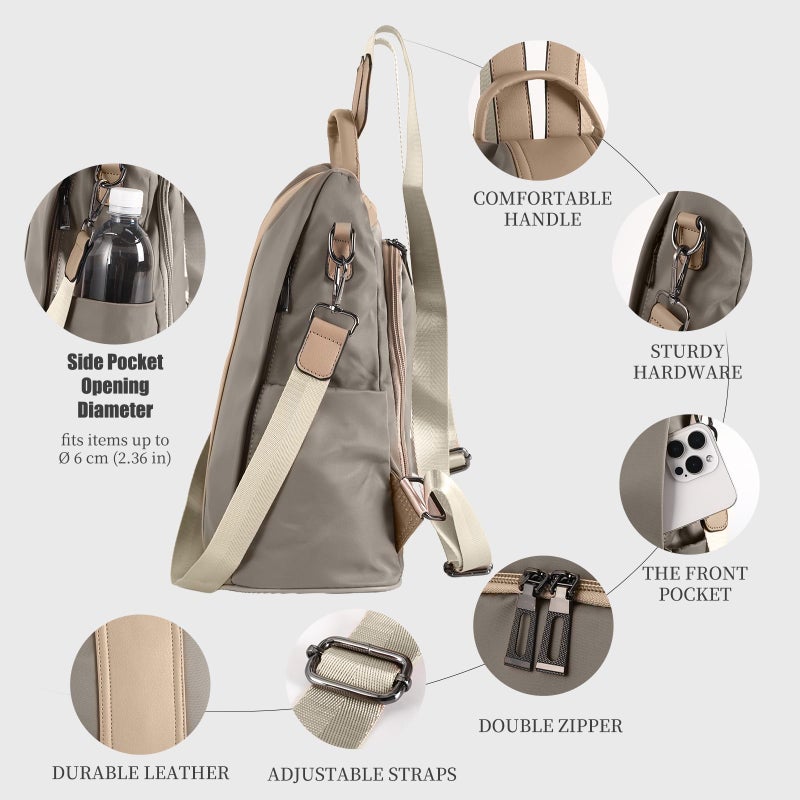 PINCNEL Women Khaki Medium Backpack Purse Waterproof Nylon Anti-theft Rucksack Lightweight Shoulder Bag - Image 5